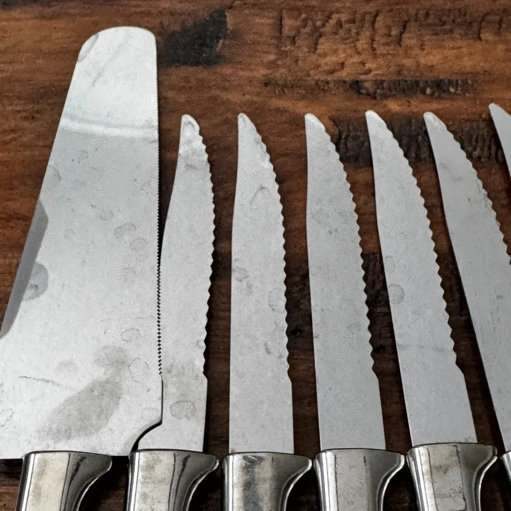 MCM Vintage 10 Regent Sheffield Kitchen Knives & One fork‎ Ivory Brown Leaf